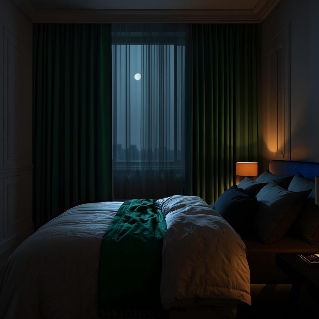 Bedroom with a large bed, green throw, and many pillows, beside a softly glowing lamp and a window showing the moon through light curtains