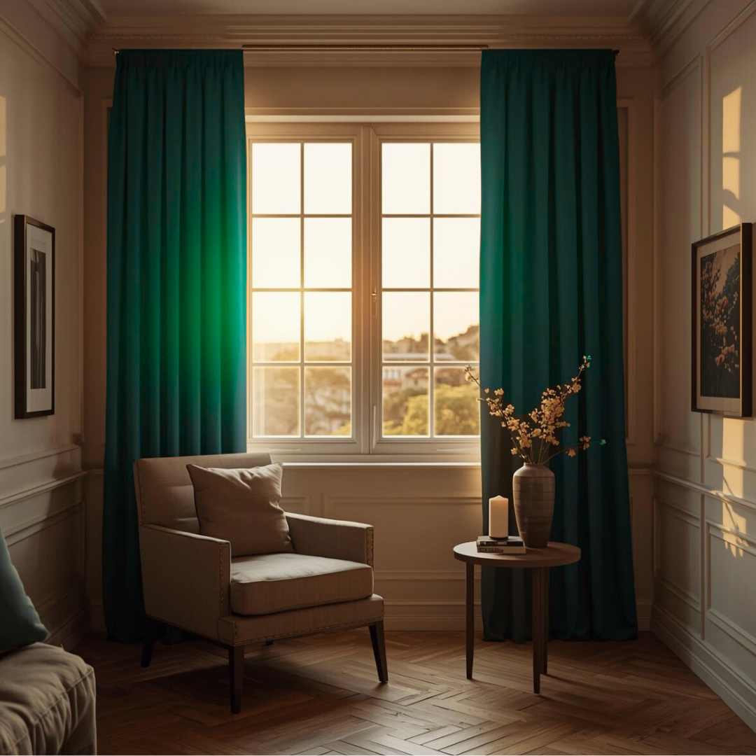 Reading corner in a high-ceilinged room with an armchair, a candle, flowers, and a large window with open green curtains and soft light through the trees