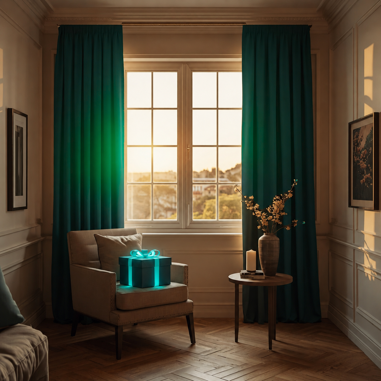 A warm-toned wall beside a window with green curtains and a cabinet of small drawers, three slightly open with envelopes inside