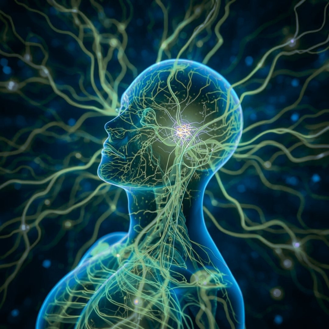 Abstract human figure with light radiating from the head and flowing through the body, symbolising music moving through the nervous system