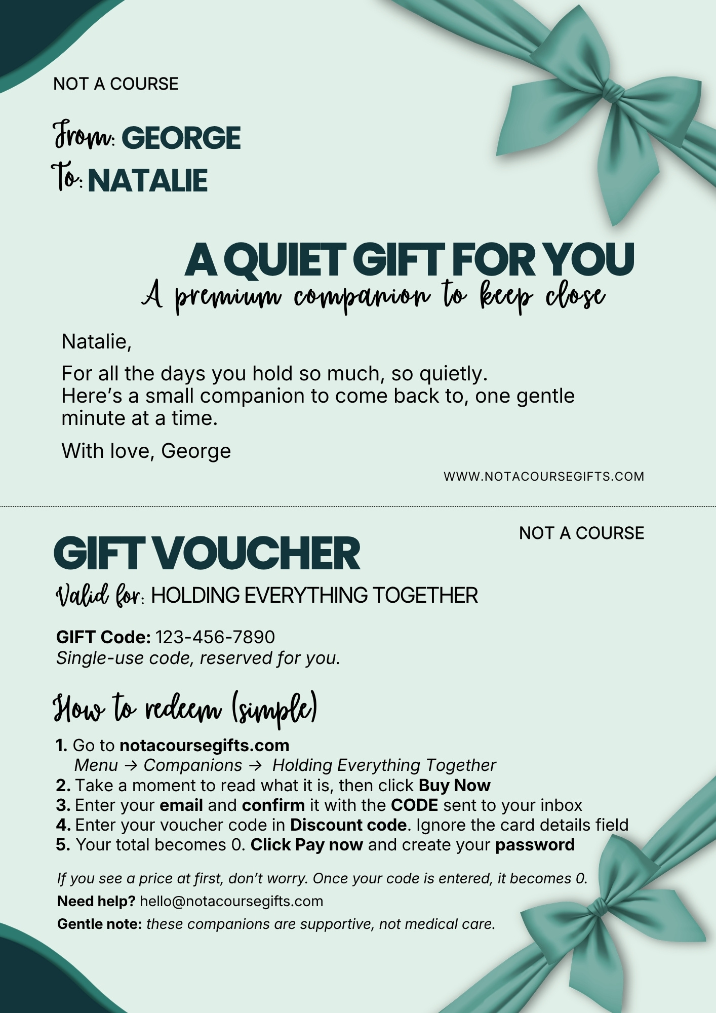 Gift voucher in a soft light green tone with the title “A quiet gift for you”