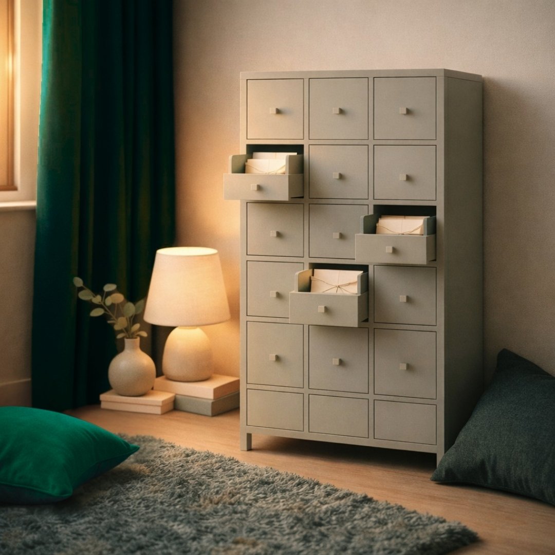 A warm-toned wall beside a window with green curtains and a cabinet of small drawers, three slightly open with envelopes inside