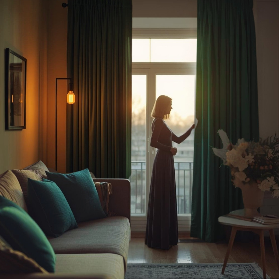 Full-length profile of a woman by a window in sunset light, with green curtains, a sofa, flowers, and a calm interior